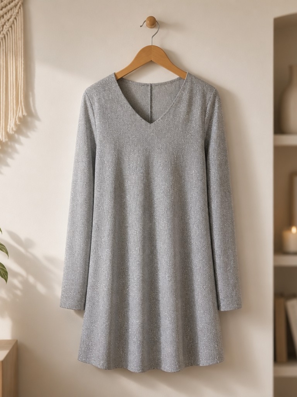 Silver V-Neck Long Sleeve Dress - Elegant Sparkle